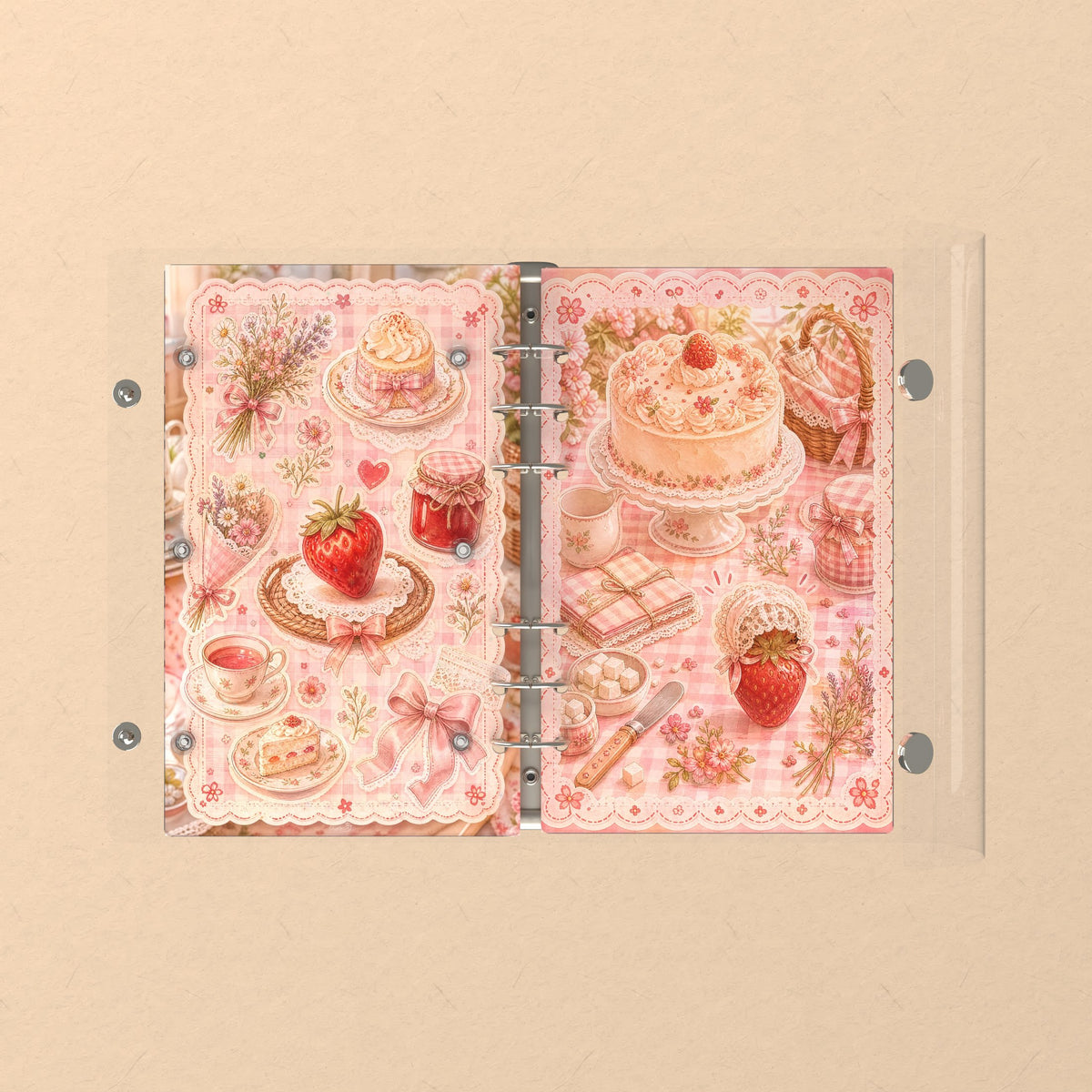 Opened flat: the inside of the front and back covers