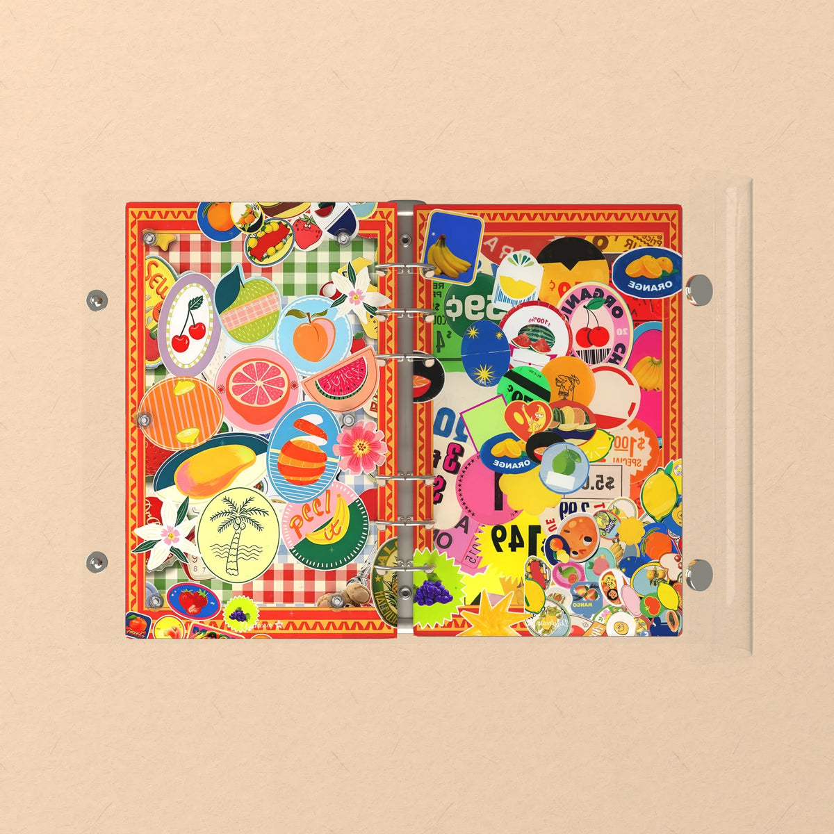 Opened flat: the inside of the front and back covers