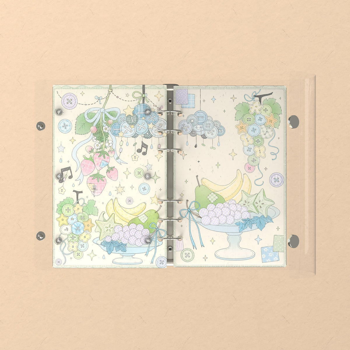 Opened flat: the inside of the front and back covers
