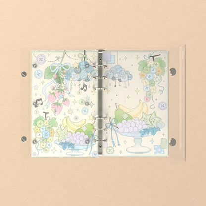 Opened flat: the inside of the front and back covers