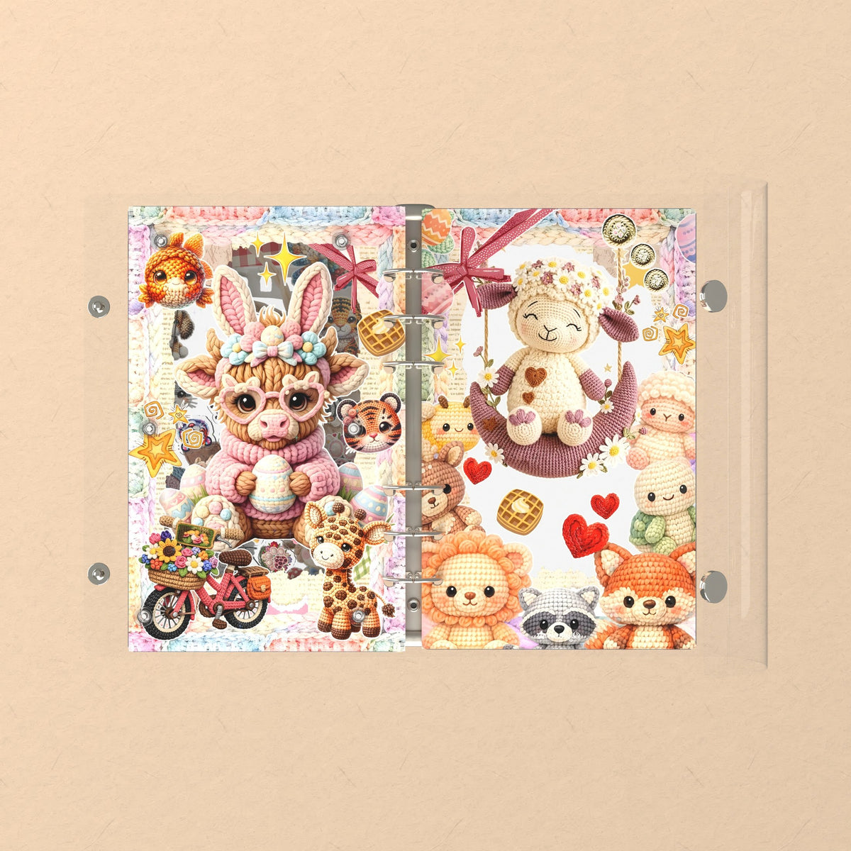 Opened flat: the inside of the front and back covers