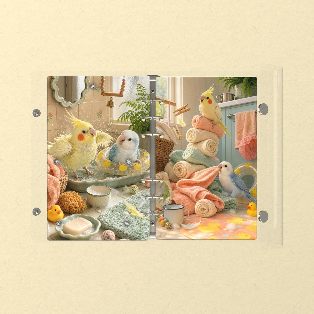 Opened flat: the inside of the front and back covers