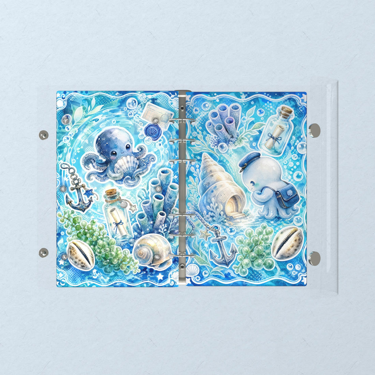 Opened flat: the inside of the front and back covers