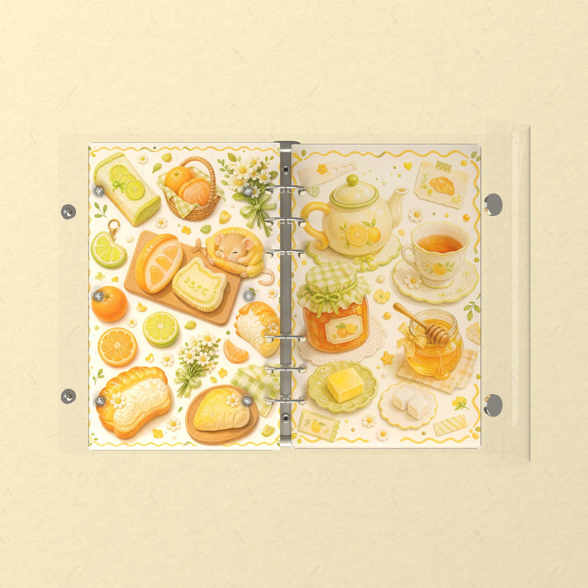Opened flat: the inside of the front and back covers