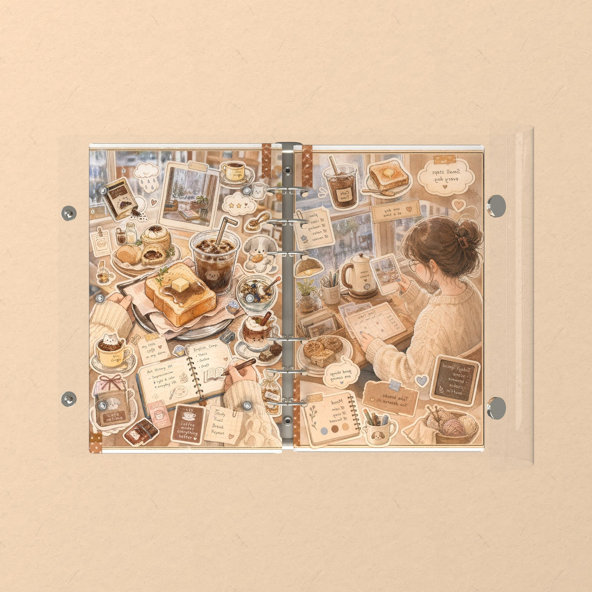 Opened flat: the inside of the front and back covers