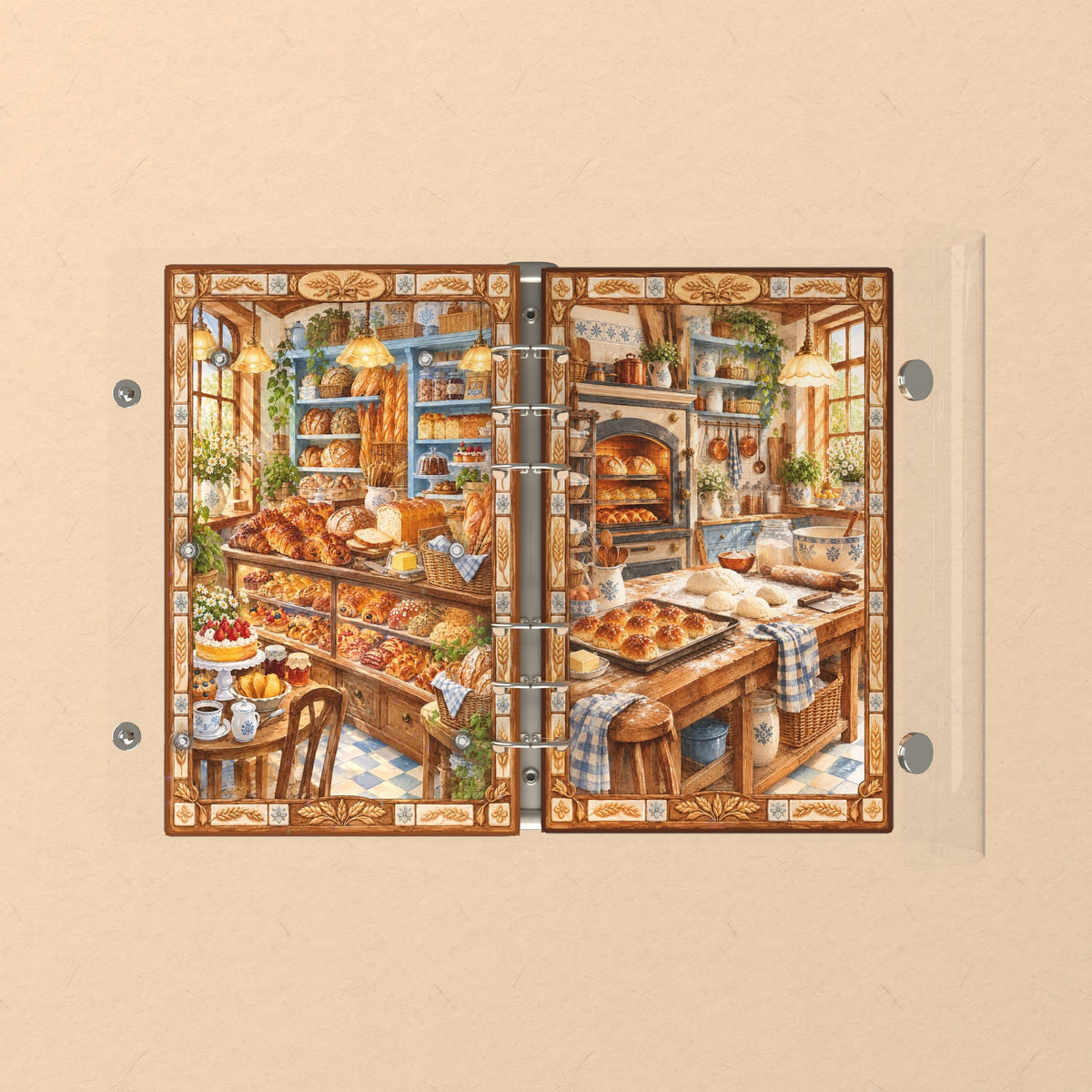 Opened flat: the inside of the front and back covers
