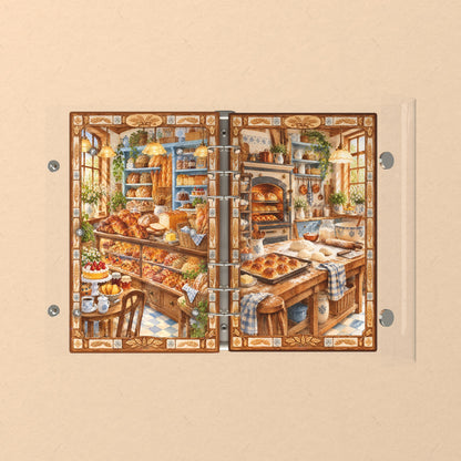 Opened flat: the inside of the front and back covers