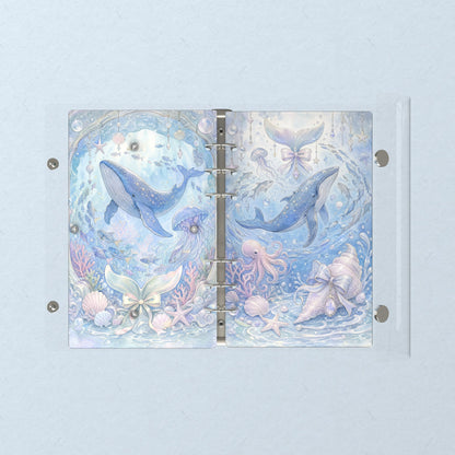 Opened flat: the inside of the front and back covers