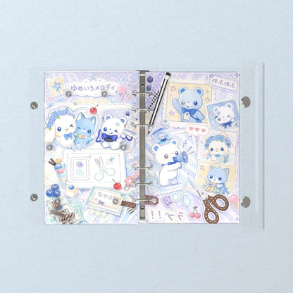 Opened flat: the inside of the front and back covers
