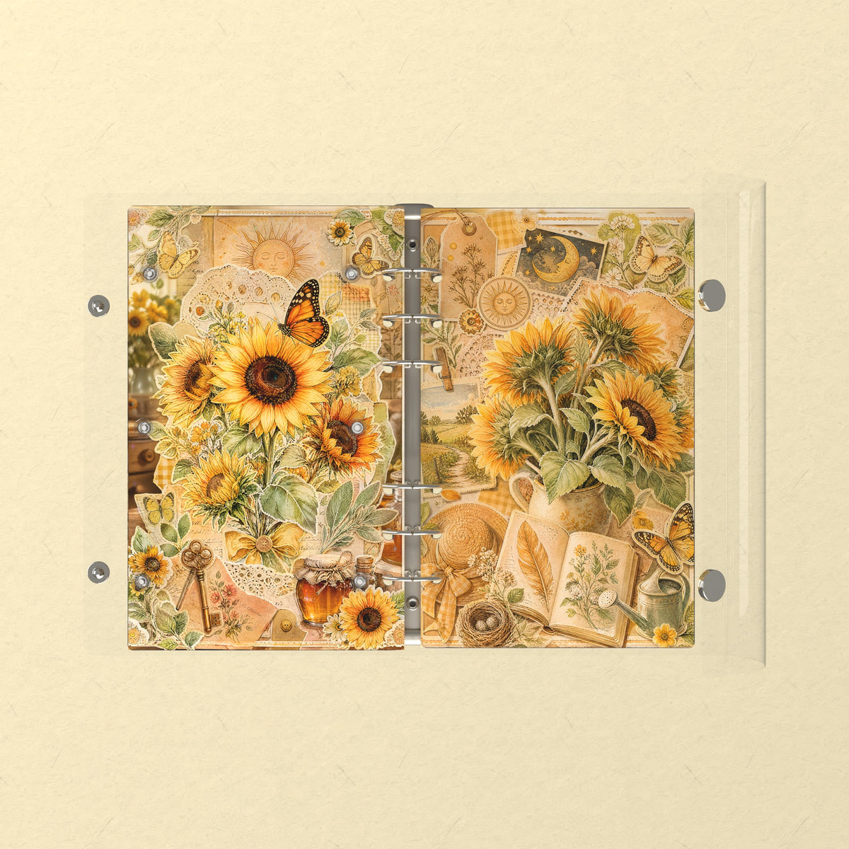 Opened flat: the inside of the front and back covers