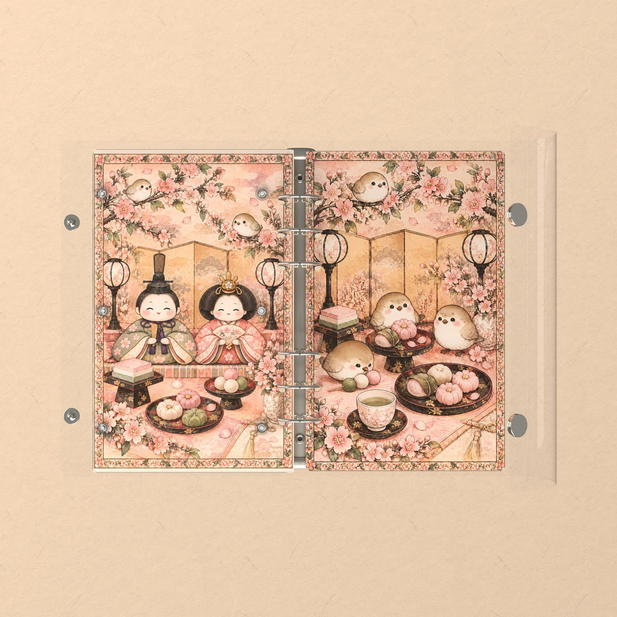 Opened flat: the inside of the front and back covers