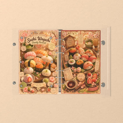 Opened flat: the inside of the front and back covers