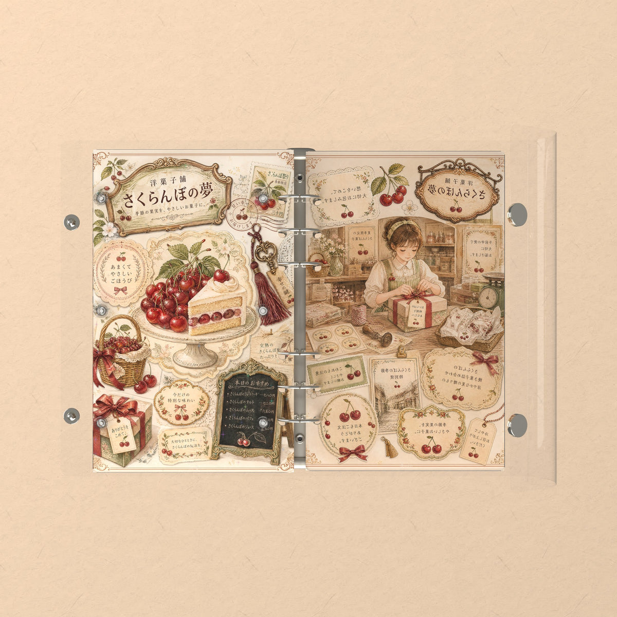 Opened flat: the inside of the front and back covers