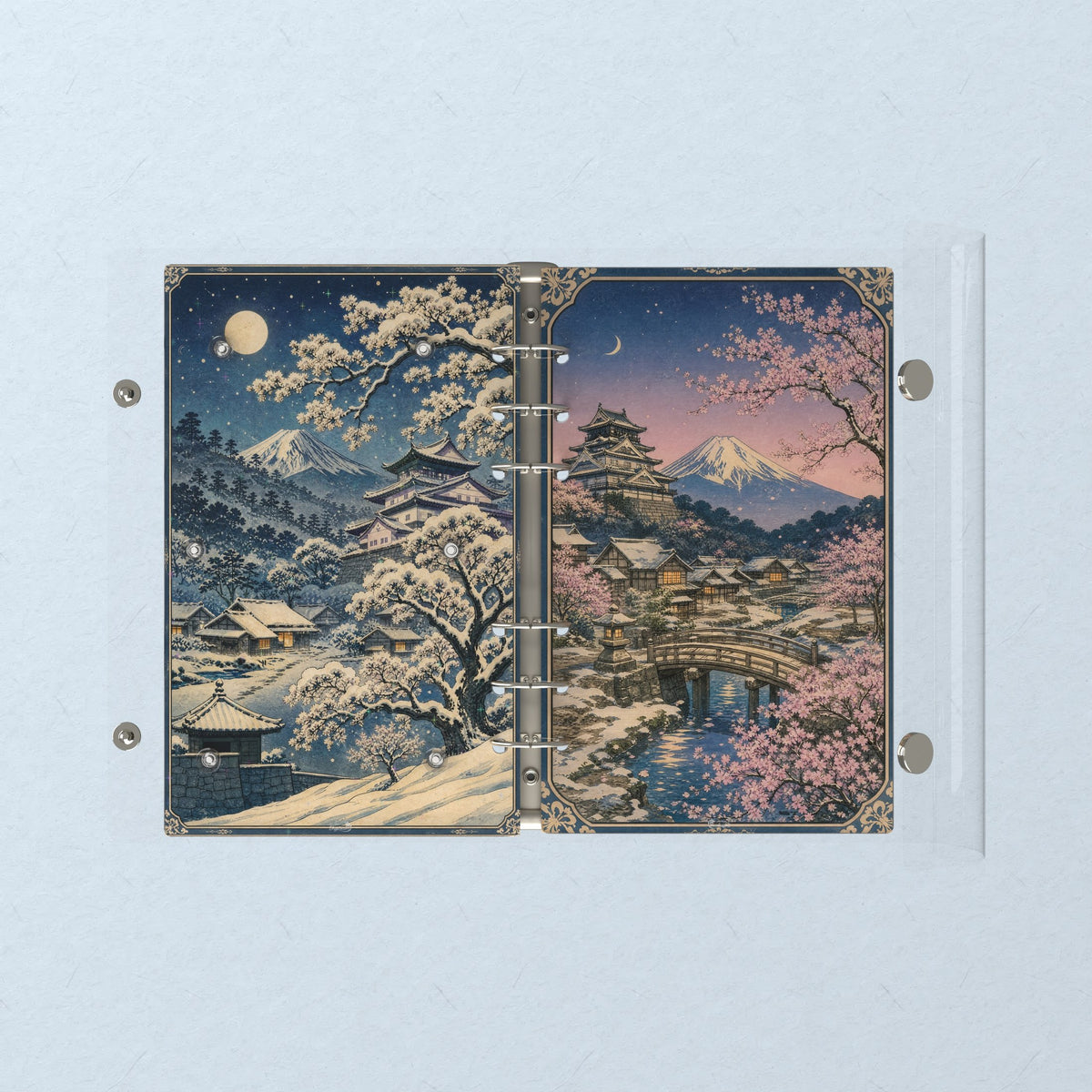 Opened flat: the inside of the front and back covers