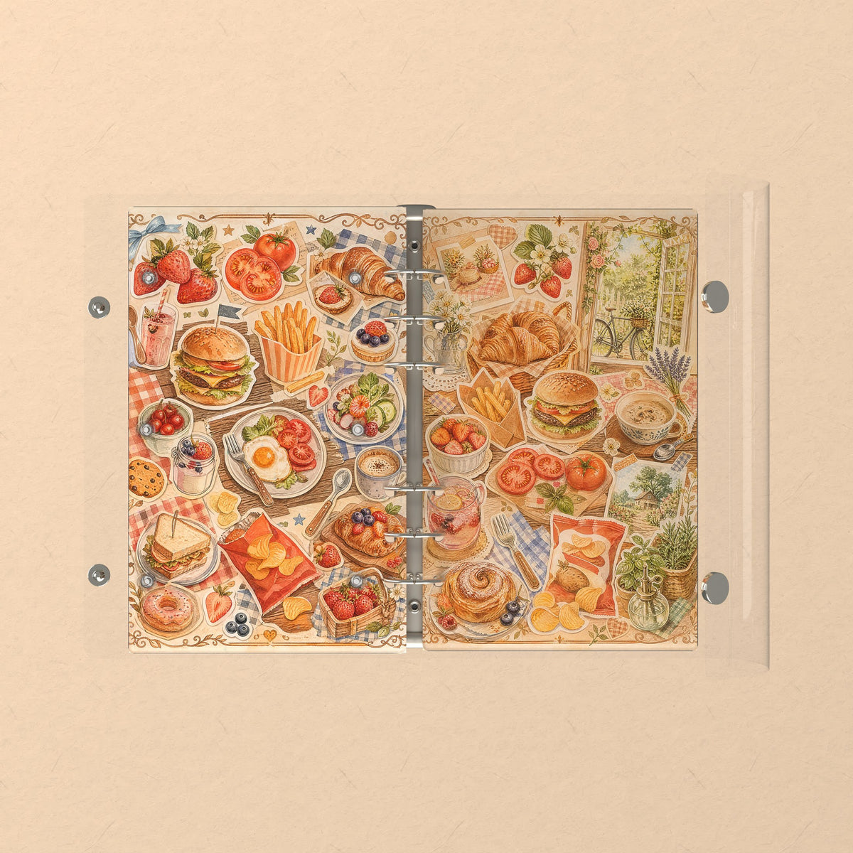 Opened flat: the inside of the front and back covers