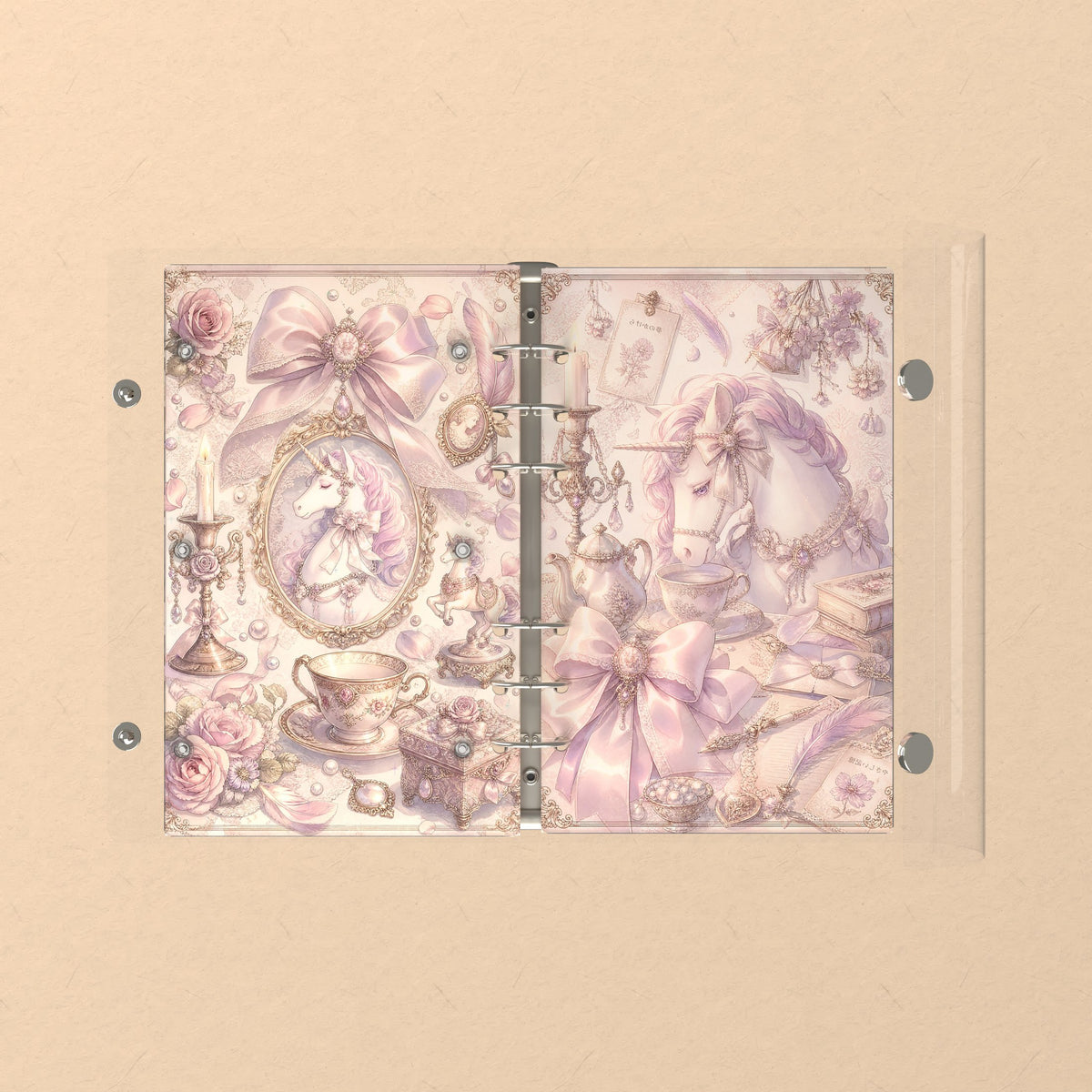 Opened flat: the inside of the front and back covers