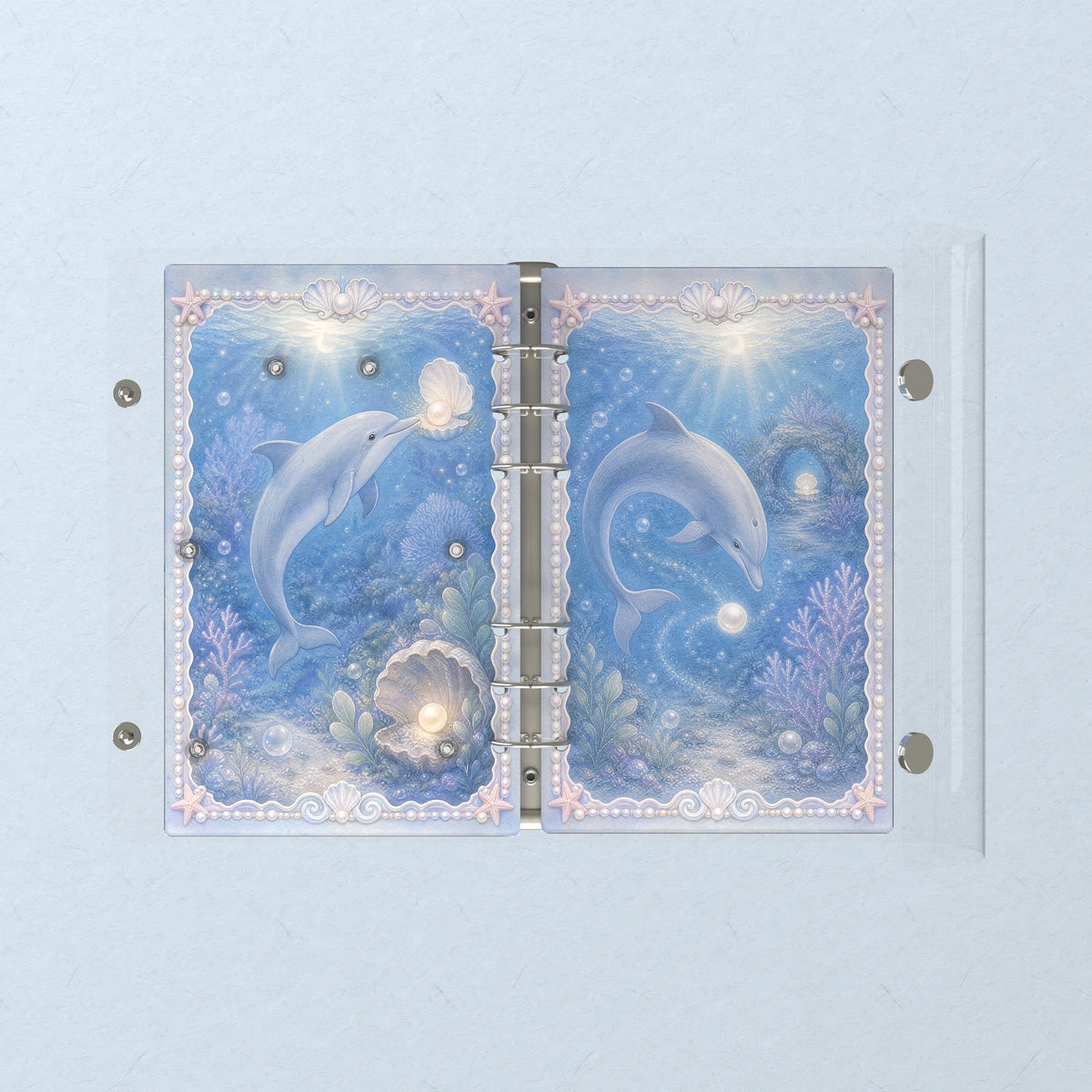 Opened flat: the inside of the front and back covers