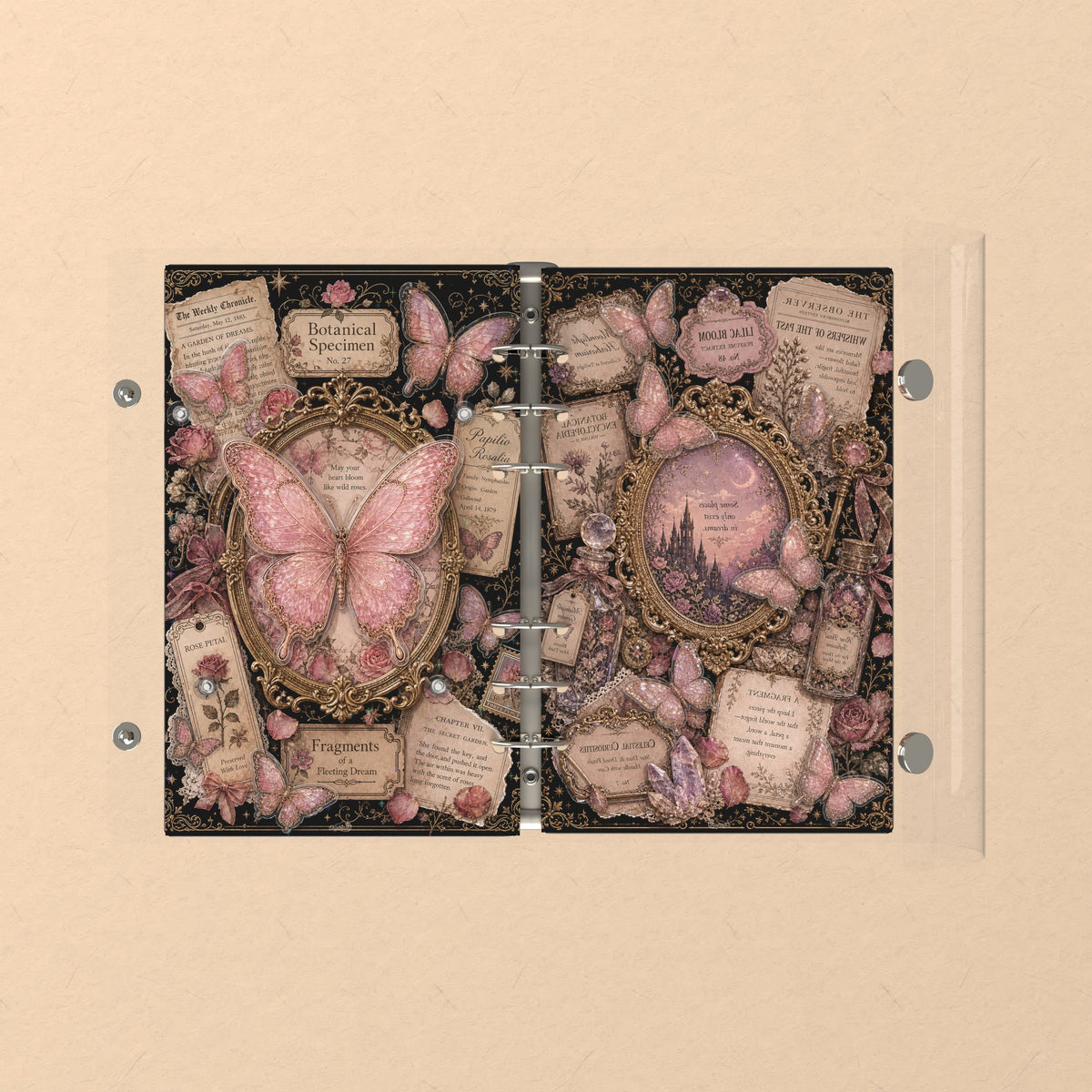 Opened flat: the inside of the front and back covers