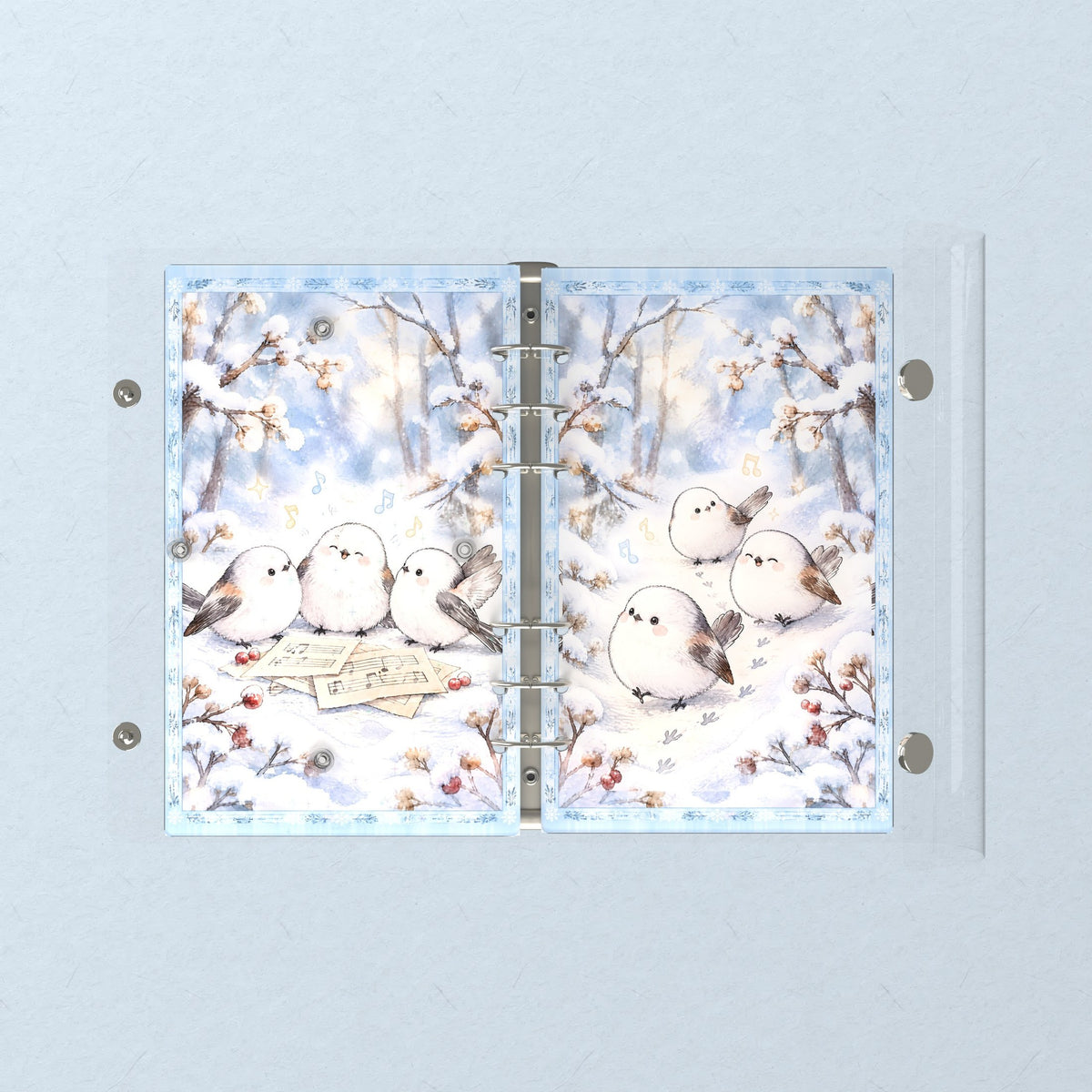 Opened flat: the inside of the front and back covers