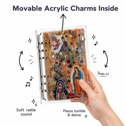 Virgen de Guadalupe refillable notebook binder open for journaling and planning