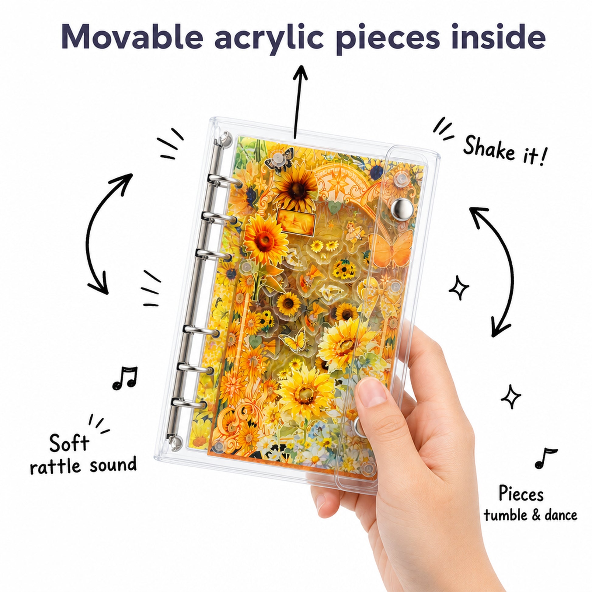 Sunflower A6 refillable shaker notebook binder detail for journaling setup