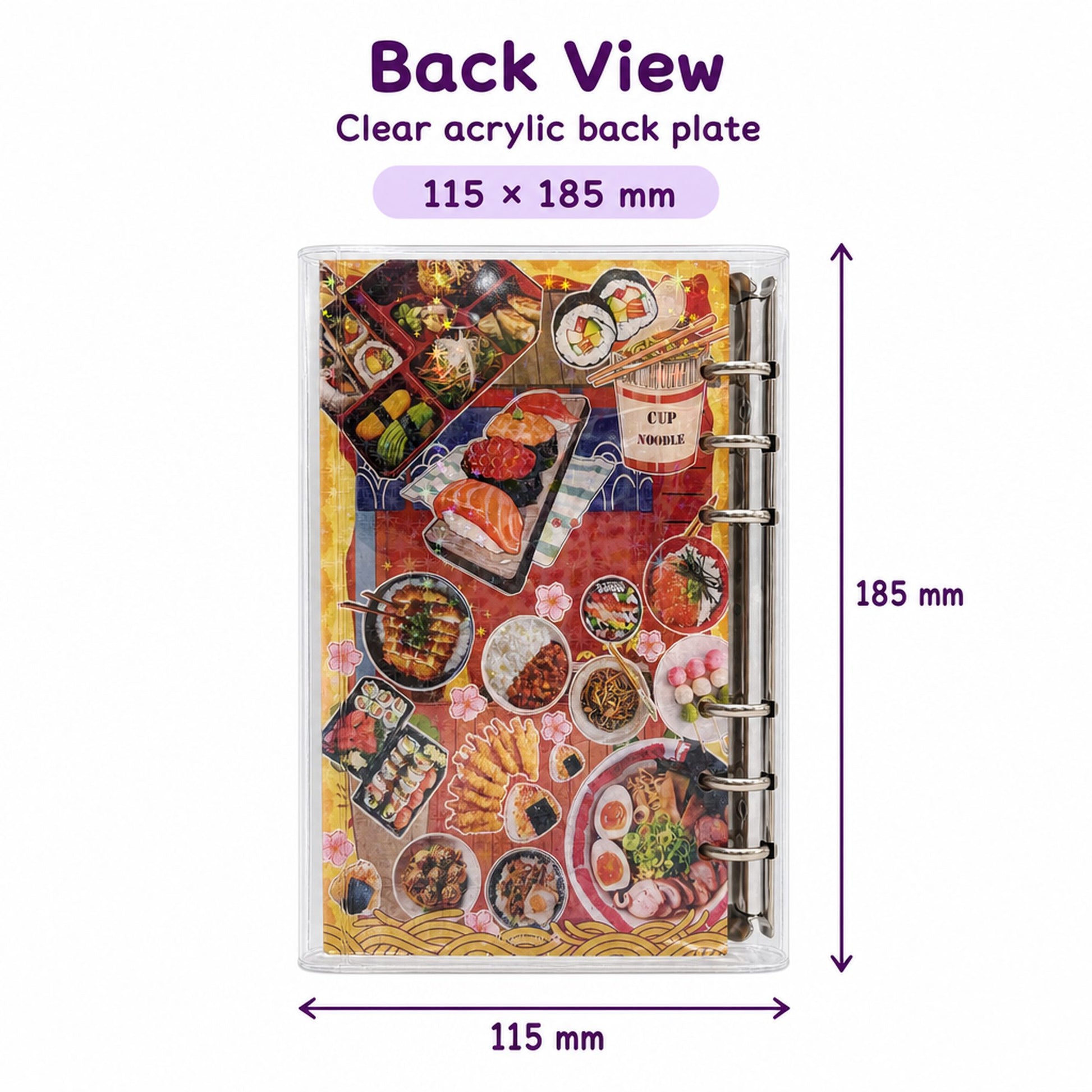 A6 Refillable Shaker Binder - Kawaii Food A6 size guide and back view