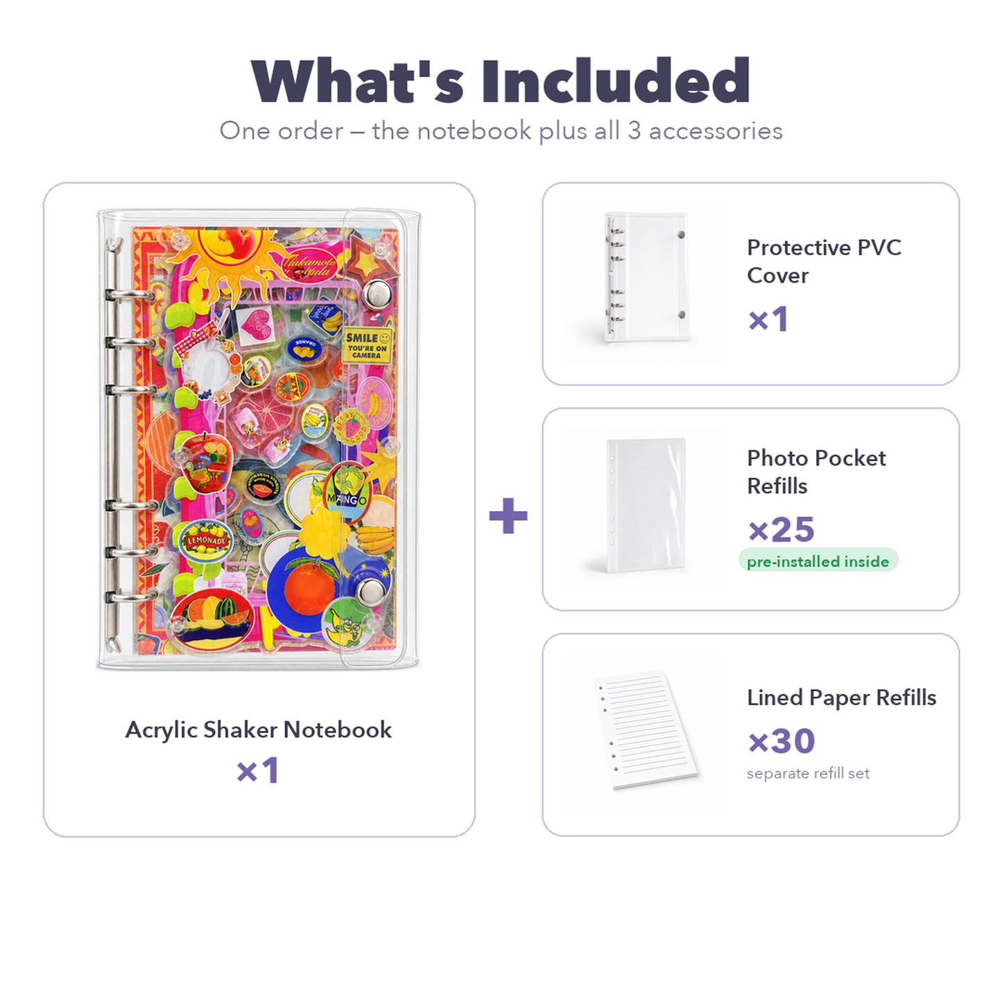 Realistic Fruit A6 refillable shaker notebook binder detail for journaling setup