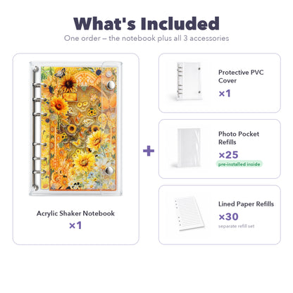 Sunflower A6 refillable shaker notebook binder detail for journaling setup