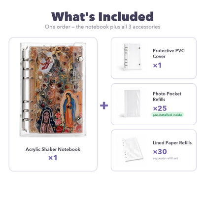 Virgen de Guadalupe A6 refillable shaker notebook binder detail for journaling setup